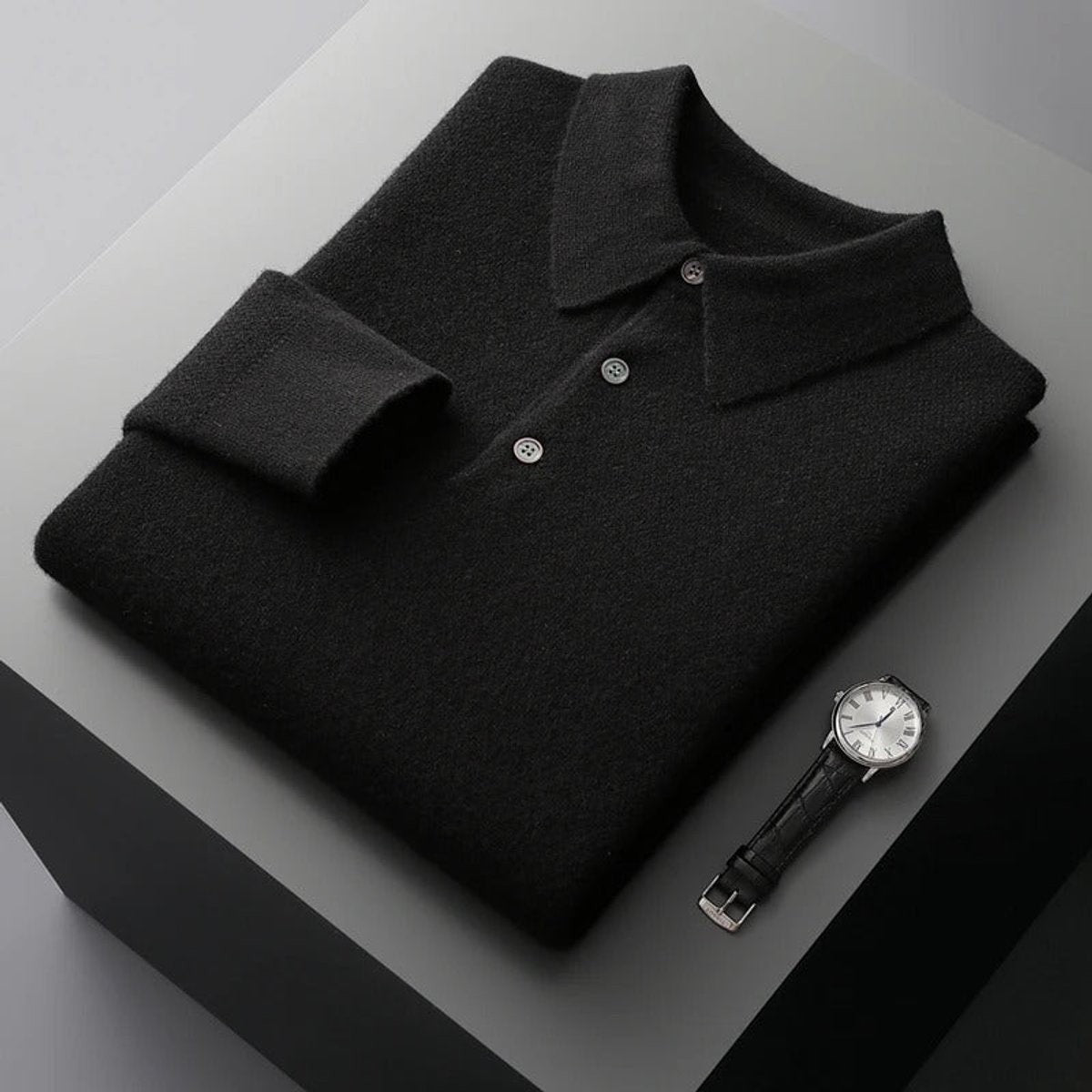 Alfie | Men's Polo-Collar Long-Sleeve Button Knit Jumper - Black
