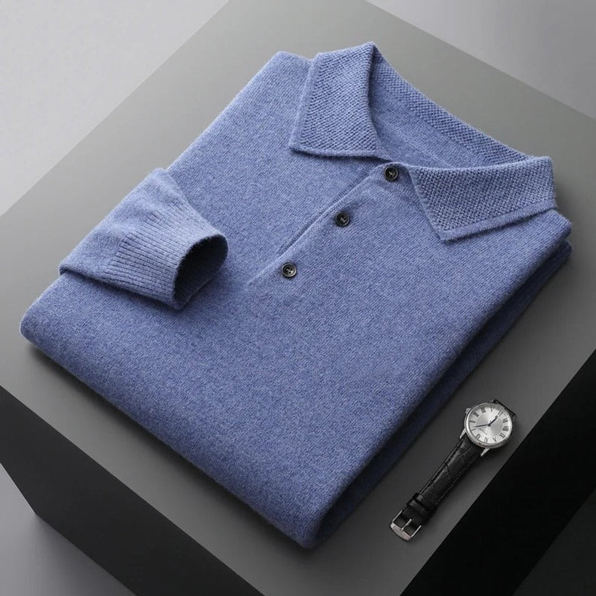 Alfie | Men's Polo-Collar Long-Sleeve Button Knit Jumper - Blue