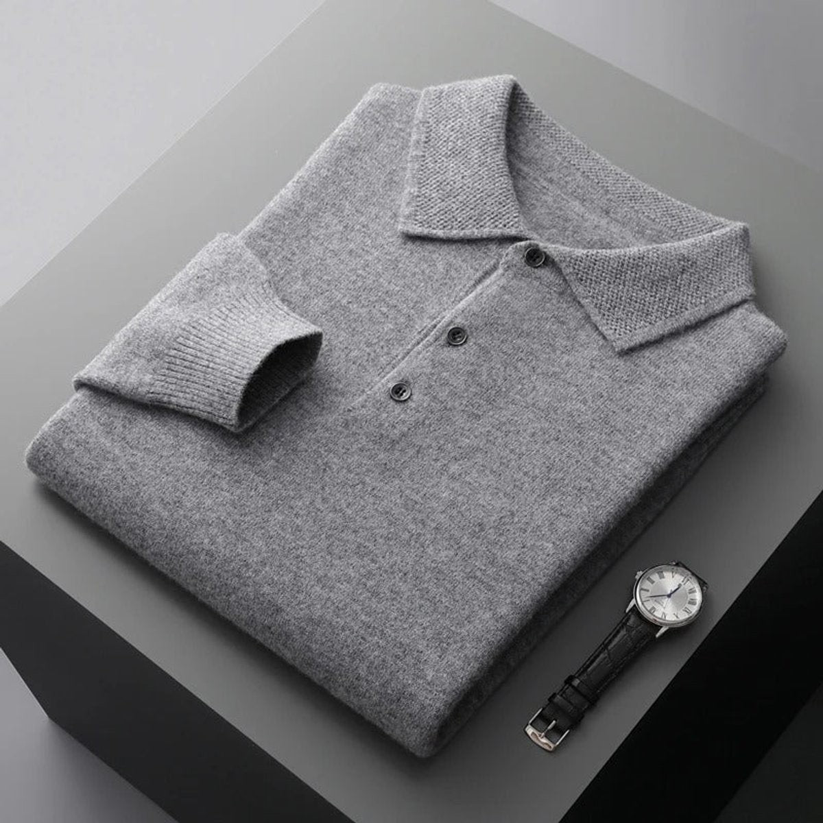 Alfie | Men's Polo-Collar Long-Sleeve Button Knit Jumper - Gray