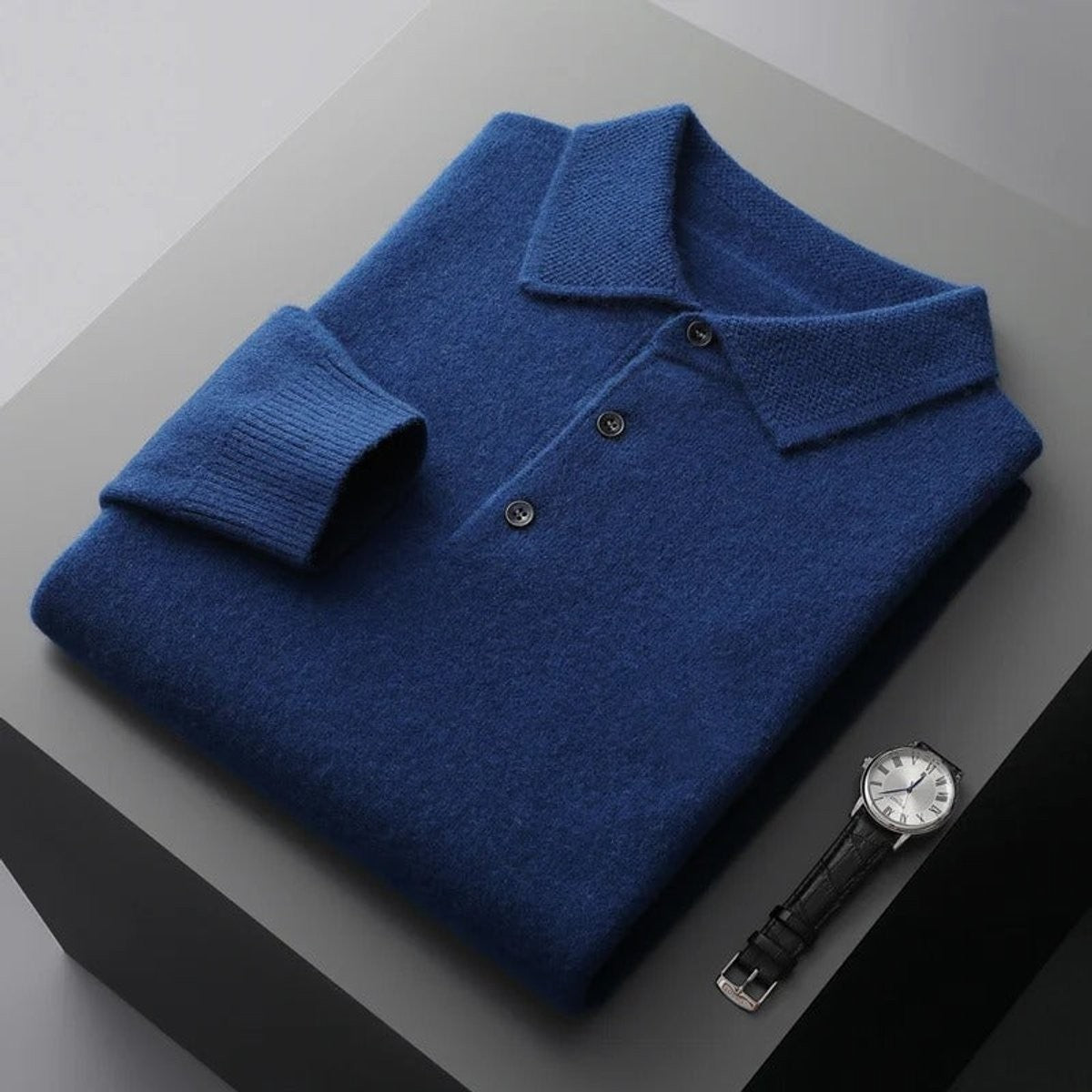 Alfie | Men's Polo-Collar Long-Sleeve Button Knit Jumper - Navy Blue