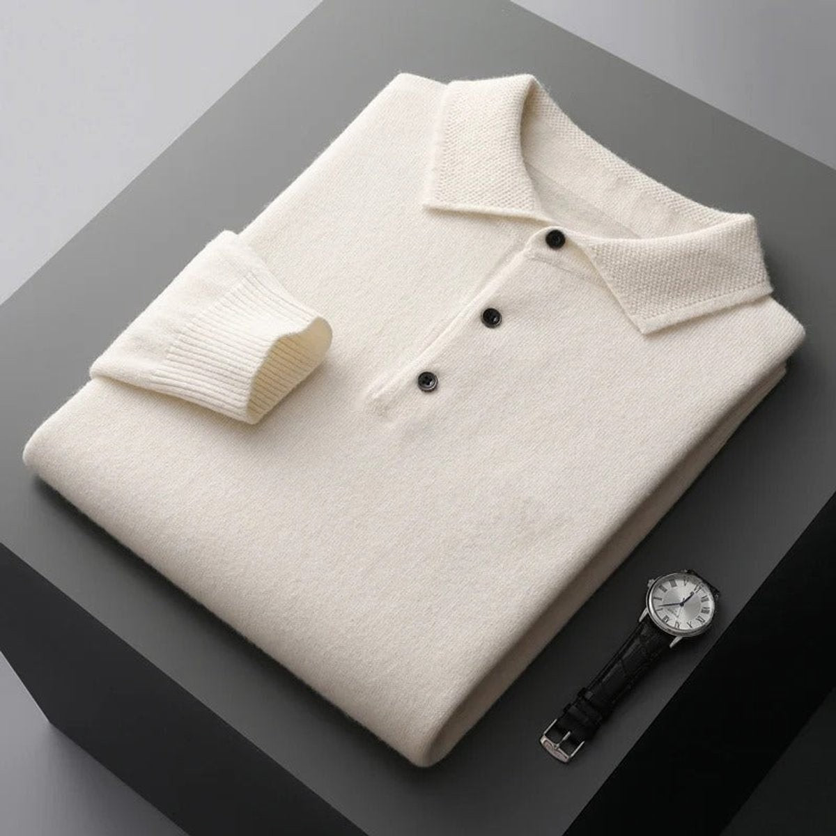 Alfie | Men's Polo-Collar Long-Sleeve Button Knit Jumper - White