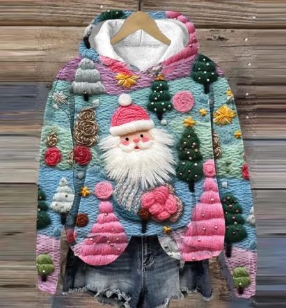 Alfie | Women's Christmas Jumper for Women Embroidered Festive Hooded Relaxed-Fit Jumper - Blue