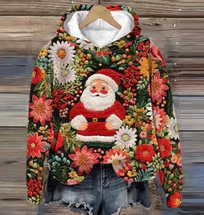 Alfie | Women's Christmas Jumper for Women Embroidered Festive Hooded Relaxed-Fit Jumper - Green