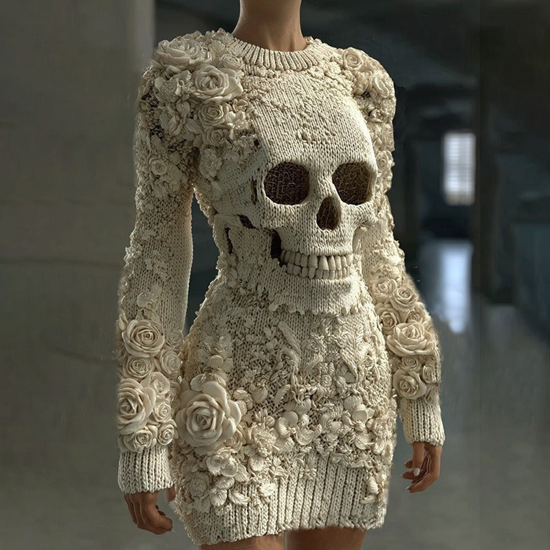 Alice | Women's Anatomical Skeleton Print Long-Sleeve Floral Mini Dress - Beige