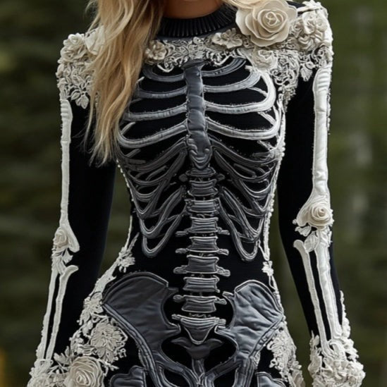 Alice | Women's Anatomical Skeleton Print Long-Sleeve Floral Mini Dress - Black