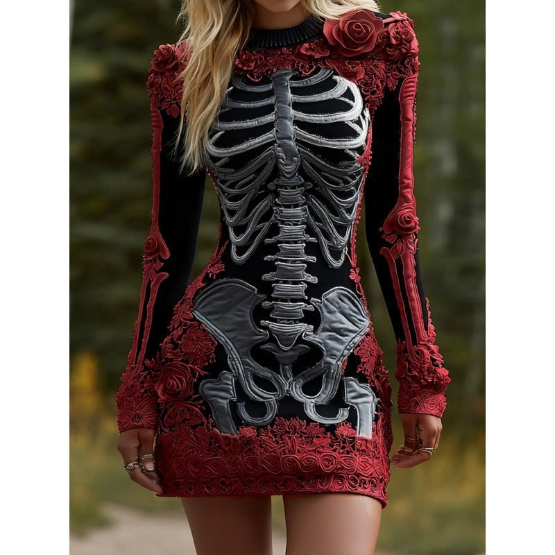 Alice | Women's Anatomical Skeleton Print Long-Sleeve Floral Mini Dress - Black Red