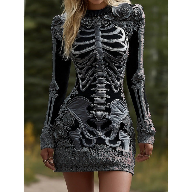 Alice | Women's Anatomical Skeleton Print Long-Sleeve Floral Mini Dress - Gray