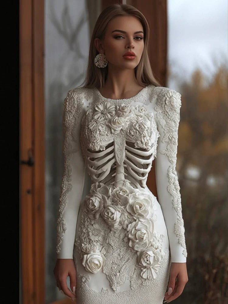 Alice | Women's Anatomical Skeleton Print Long-Sleeve Floral Mini Dress - Off-White