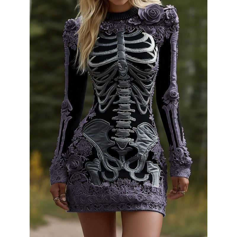 Alice | Women's Anatomical Skeleton Print Long-Sleeve Floral Mini Dress - Purple