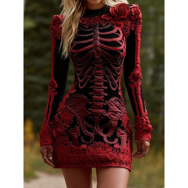 Alice | Women's Anatomical Skeleton Print Long-Sleeve Floral Mini Dress - Red
