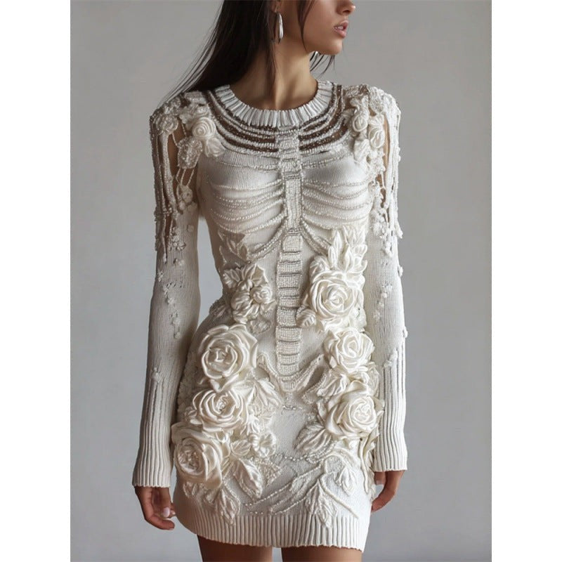 Alice | Women's Anatomical Skeleton Print Long-Sleeve Floral Mini Dress - White