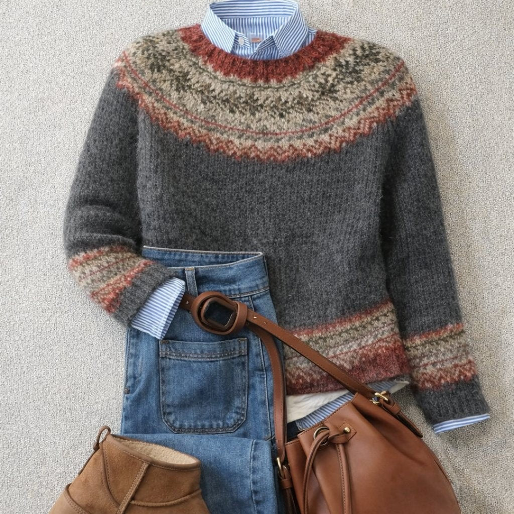 Alice | Women's Relaxed-Fit Fair Isle Crewneck Knit Jumper - Gray