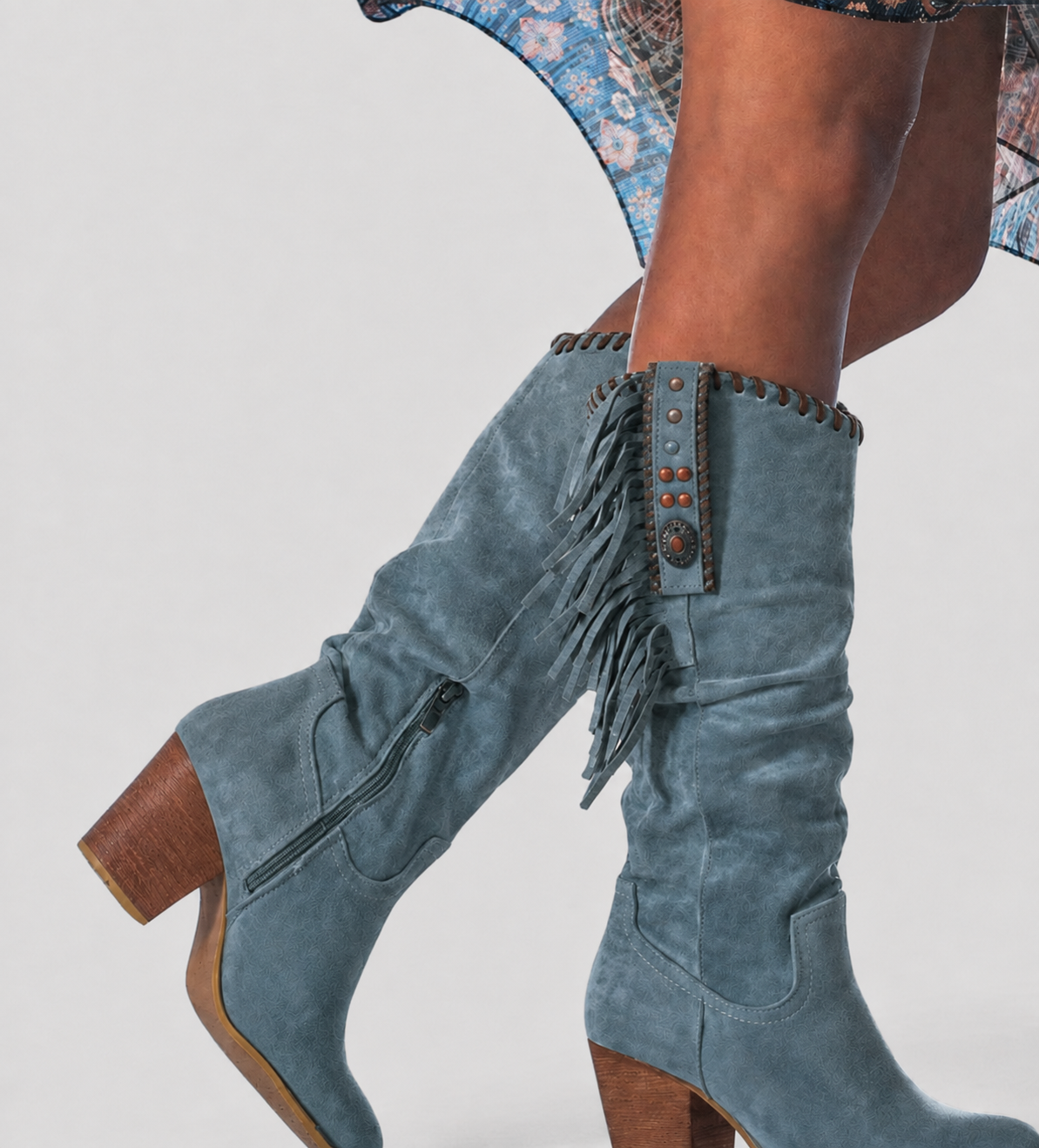 Alice | Women's Suede Fringed Block-Heel Western Knee-High Boots - Blue