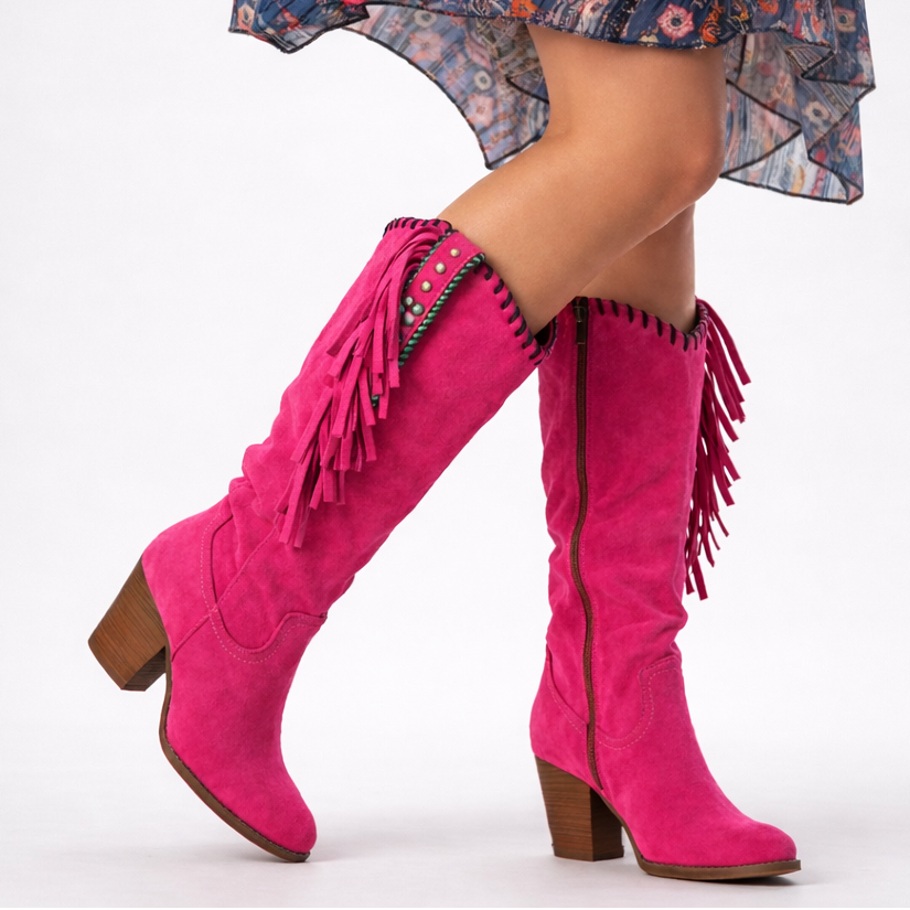 Alice | Women's Suede Fringed Block-Heel Western Knee-High Boots - Pink