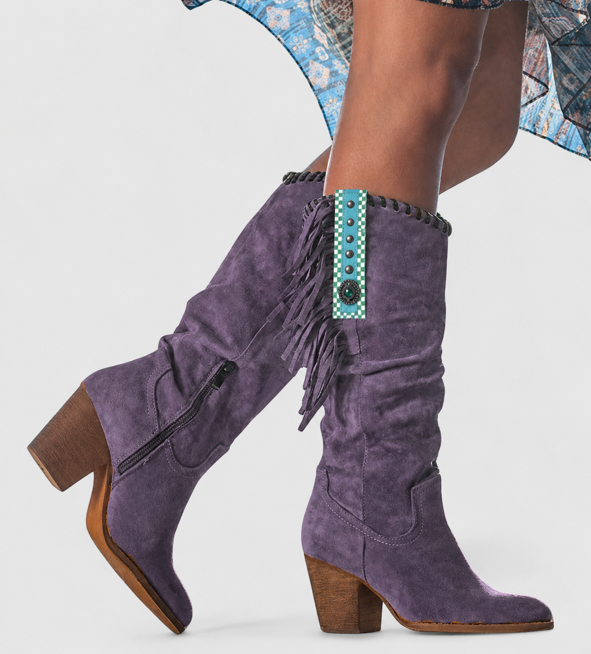 Alice | Women's Suede Fringed Block-Heel Western Knee-High Boots - Purple
