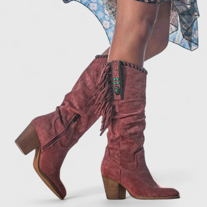 Alice | Women's Suede Fringed Block-Heel Western Knee-High Boots - Red