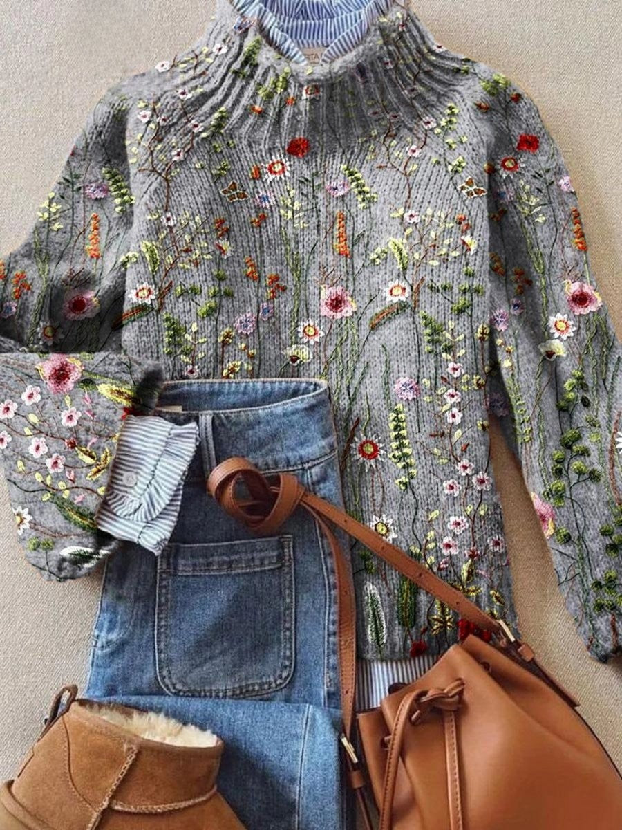 Amelia | Women's Floral Embroidered Relaxed-Fit Turtleneck Knit Sweater - Multicolor