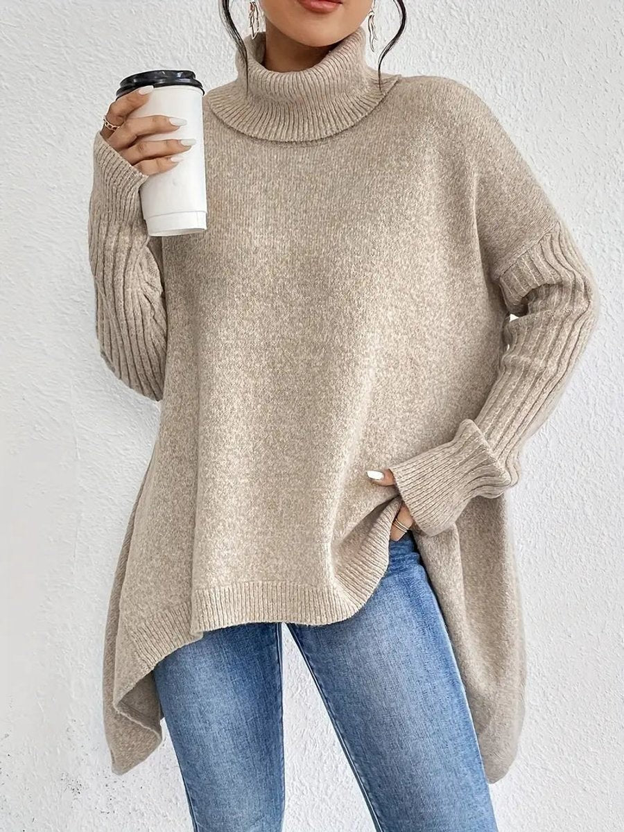 Amelia | Women's Oversized Turtleneck Jumper with Ribbed Trim and High-Low Hem - Desert Khaki