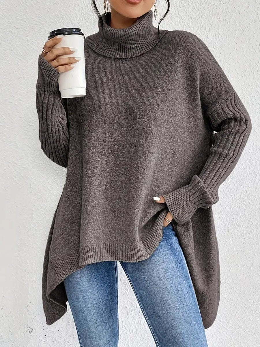 Amelia | Women's Oversized Turtleneck Jumper with Ribbed Trim and High-Low Hem - Espresso Brown