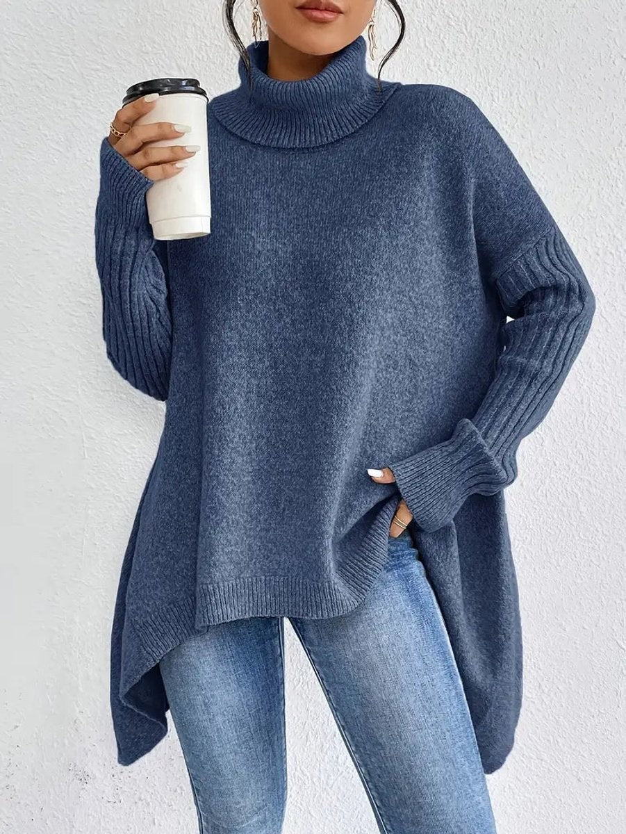 Amelia | Women's Oversized Turtleneck Jumper with Ribbed Trim and High-Low Hem - Ocean Blue