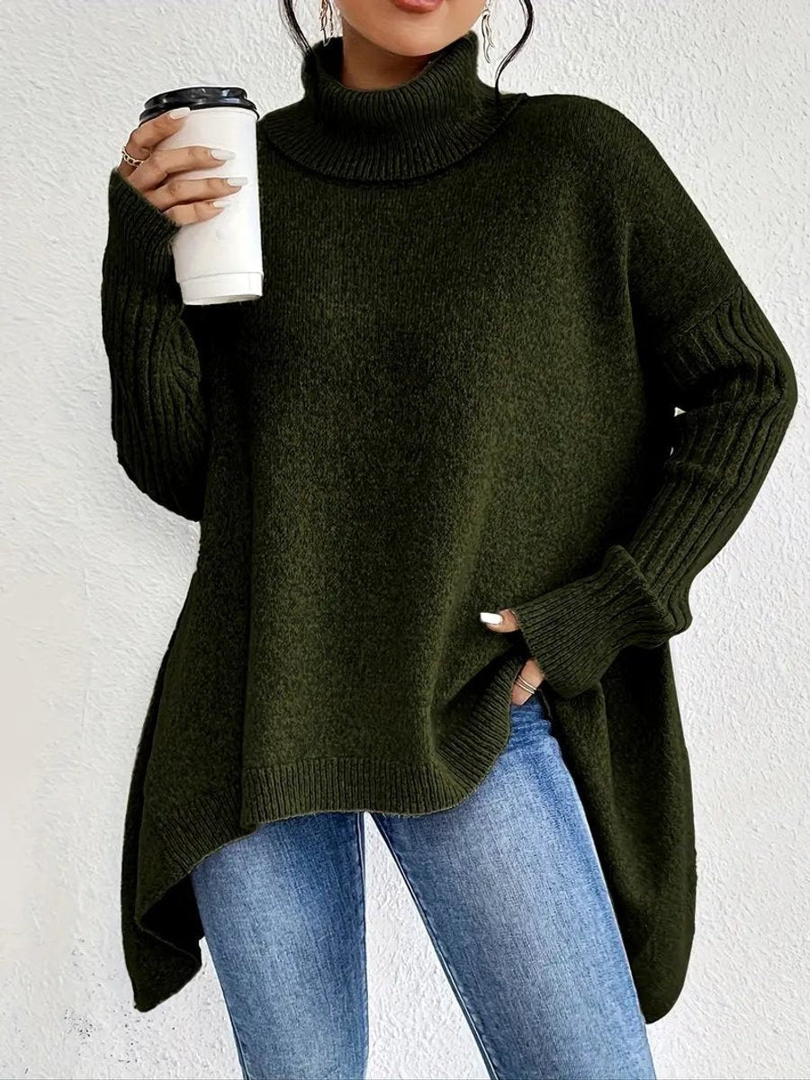 Amelia | Women's Oversized Turtleneck Jumper with Ribbed Trim and High-Low Hem - Pine Green