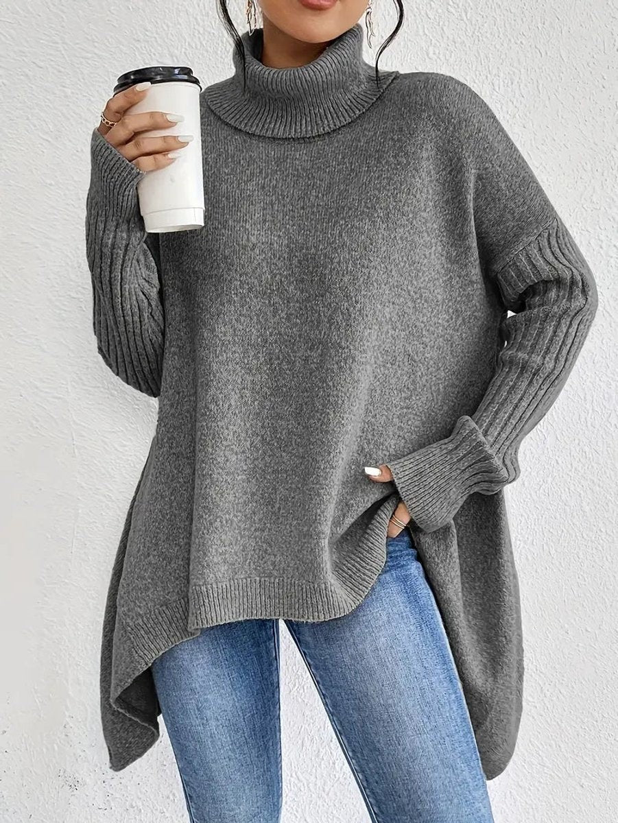 Amelia | Women's Oversized Turtleneck Jumper with Ribbed Trim and High-Low Hem - Stone Gray