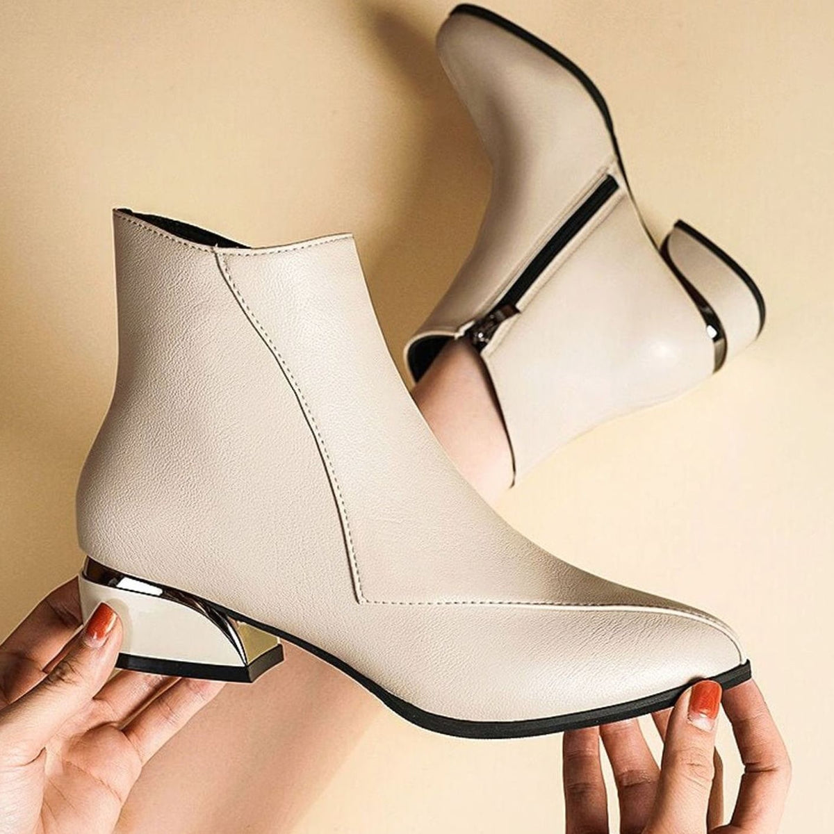 Amelia | Women's Pointed-Toe Side-Zip Low Block-Heel Ankle Boots - Cream White