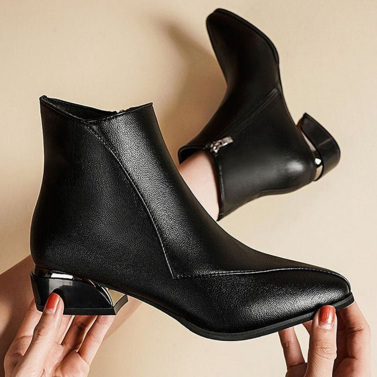 Amelia | Women's Pointed-Toe Side-Zip Low Block-Heel Ankle Boots - Midnight Black