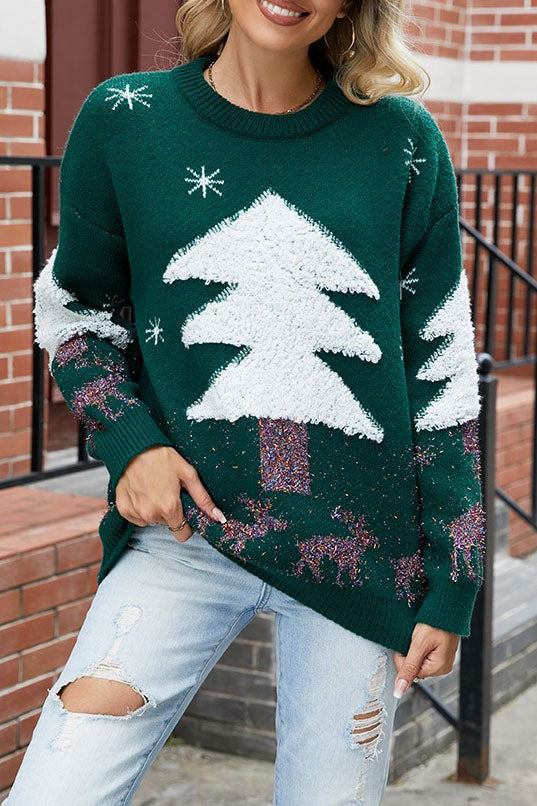 Archie | Women's Oversized Christmas Jumper with Tree Print and Sequin Detail - Green