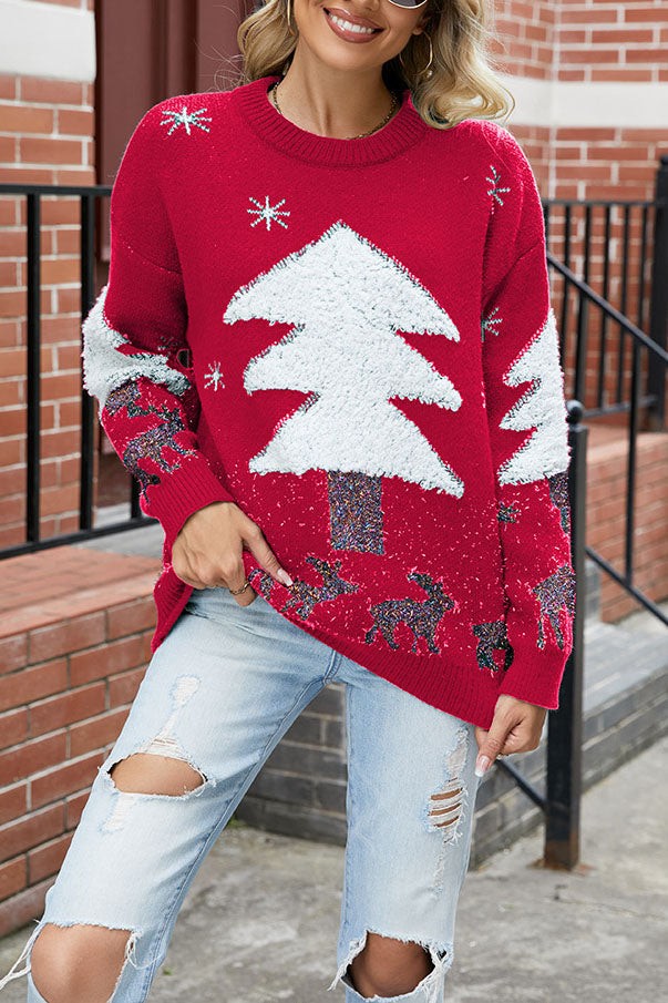 Archie | Women's Oversized Christmas Jumper with Tree Print and Sequin Detail - Green