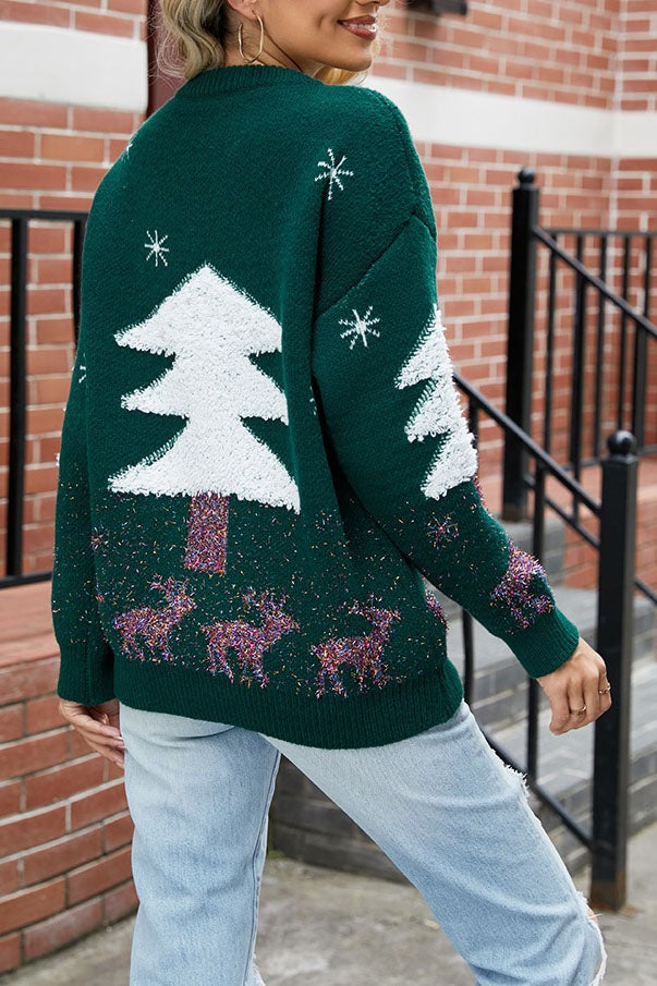 Archie | Women's Oversized Christmas Jumper with Tree Print and Sequin Detail - Red