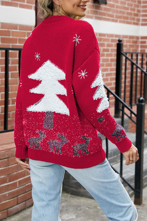 Archie | Women's Oversized Christmas Jumper with Tree Print and Sequin Detail - Red