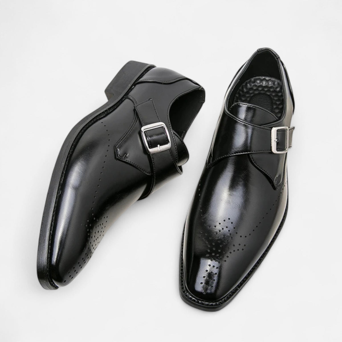 Arthur | Men's Single Monk-Strap Pointed-Toe Perforated Formal Shoes - Black