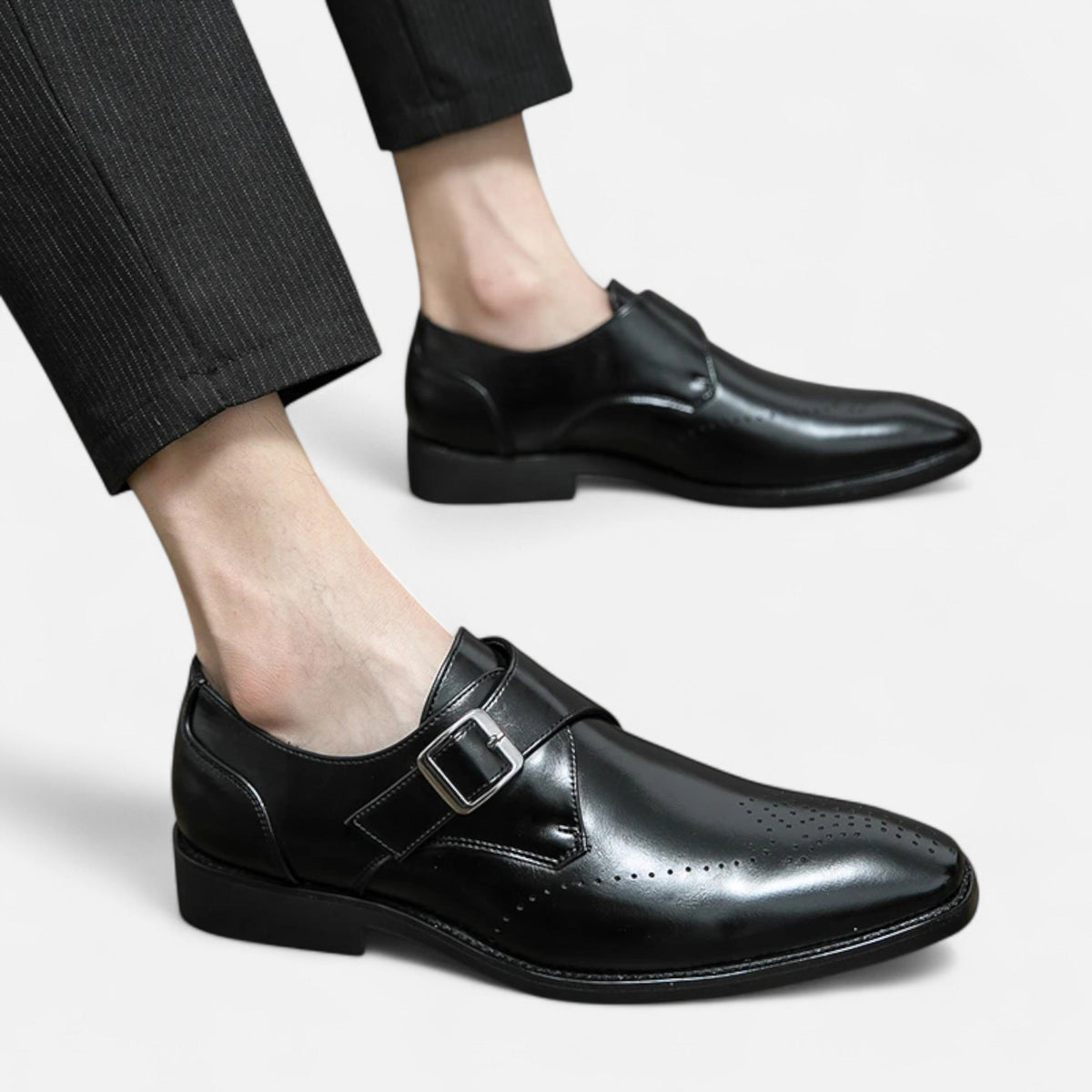 Arthur | Men's Single Monk-Strap Pointed-Toe Perforated Formal Shoes - Black