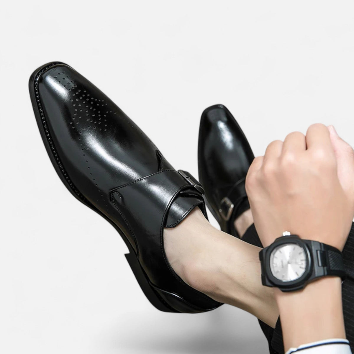 Arthur | Men's Single Monk-Strap Pointed-Toe Perforated Formal Shoes - Black
