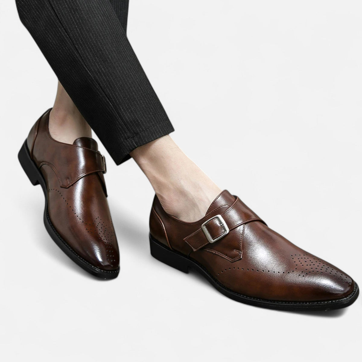 Arthur | Men's Single Monk-Strap Pointed-Toe Perforated Formal Shoes - Brown