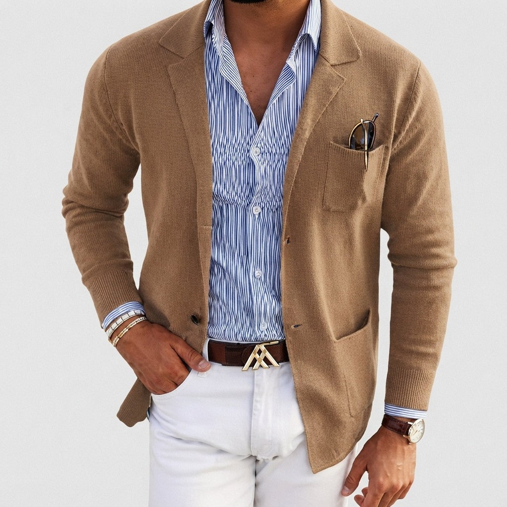 Arthur | Men's Tailored Notch Lapel Single-Breasted Knit Blazer - Khaki