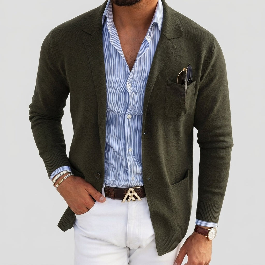 Arthur | Men's Tailored Notch Lapel Single-Breasted Knit Blazer - Olive Green