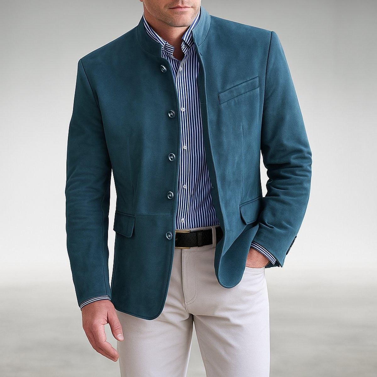 Arthur | Men's Tailored Stand-Collar Single-Breasted Button-Front Blazer - Blue