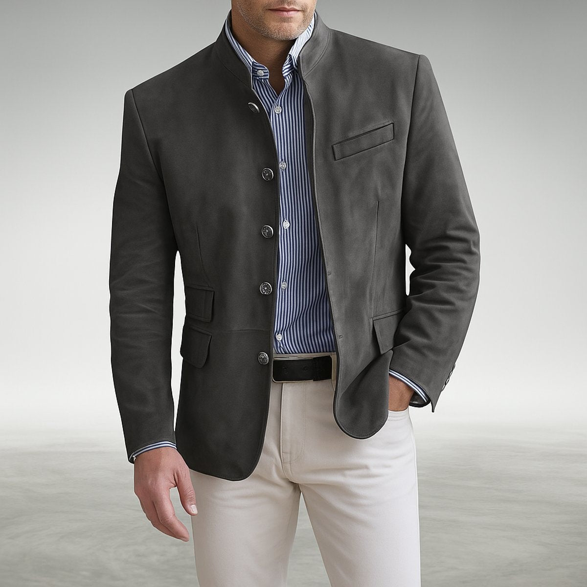 Arthur | Men's Tailored Stand-Collar Single-Breasted Button-Front Blazer - Gray