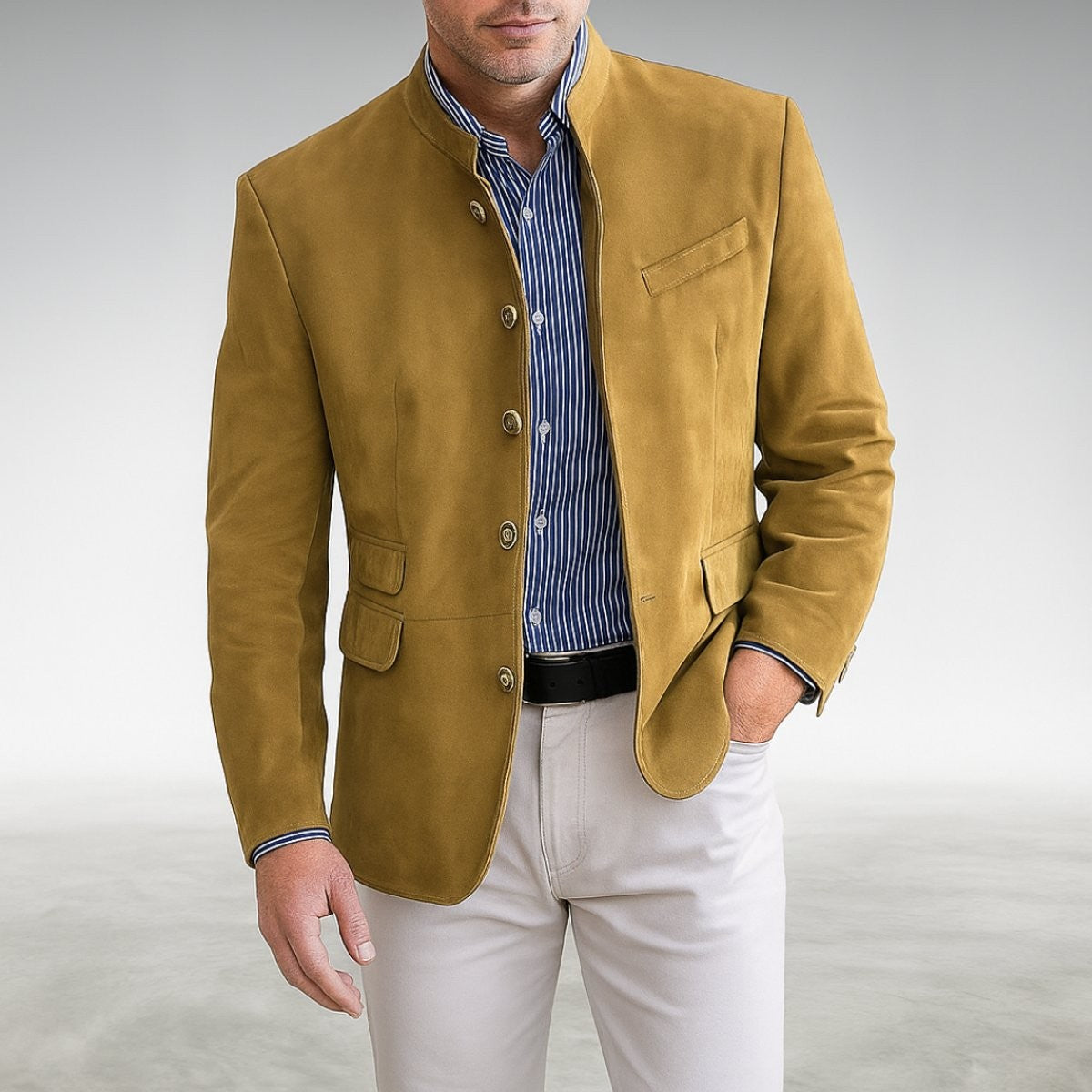 Arthur | Men's Tailored Stand-Collar Single-Breasted Button-Front Blazer - Yellow
