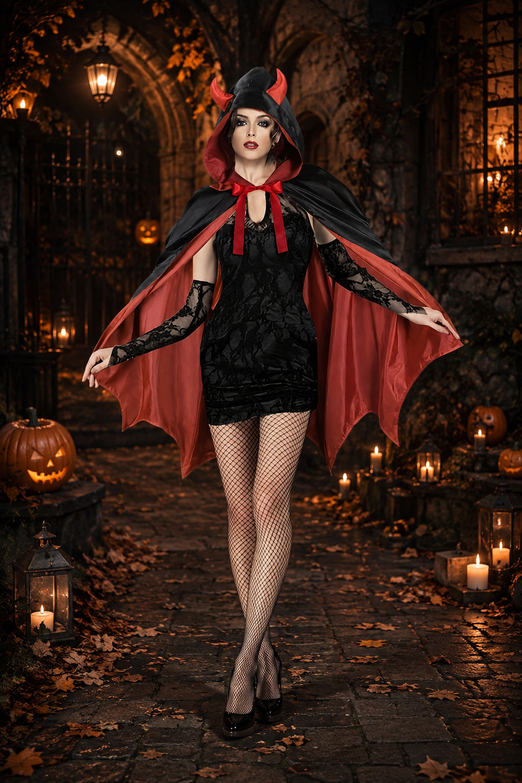 Beatrice | Women's Hooded Horned Tie-Front Two-Tone Devil Costume Cape - Red
