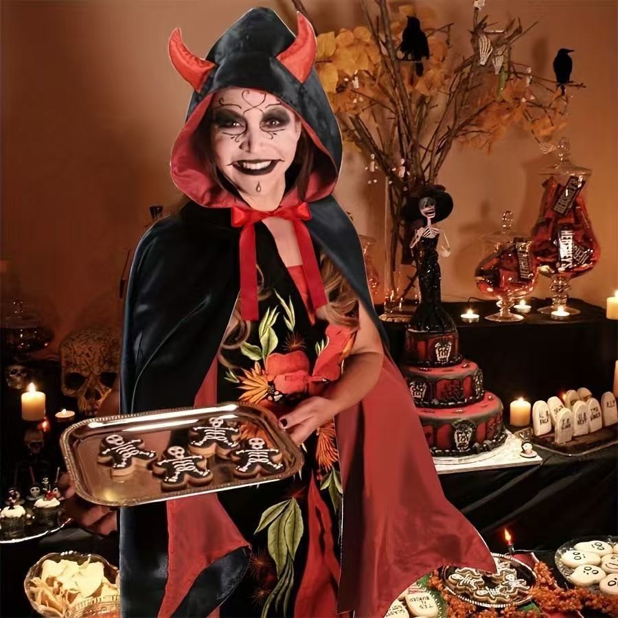 Beatrice | Women's Hooded Horned Tie-Front Two-Tone Devil Costume Cape - Red