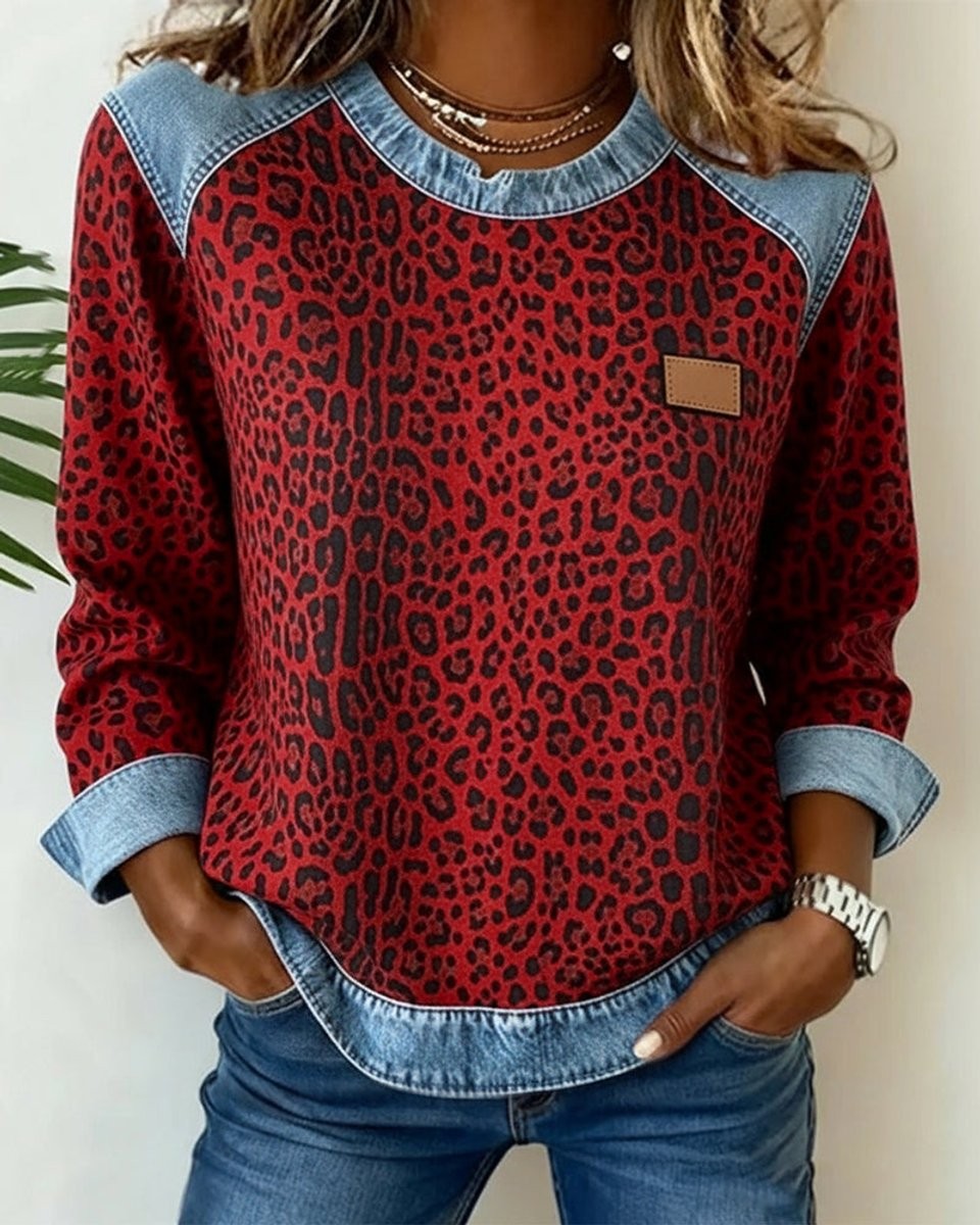 Beatrice | Women's Leopard Print Denim Patchwork Crew Neck Pullover Jumper - Red