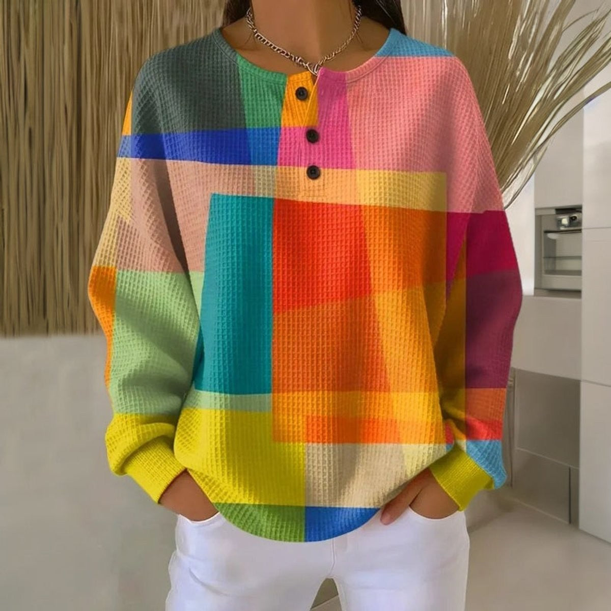Beatrice | Women's Multicolour Waffle-Knit Henley Long-Sleeve Jumper - Multicolor