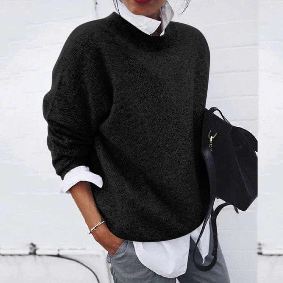 Beatrice | Women's Relaxed Crew Neck Soft Knit Jumper - Black