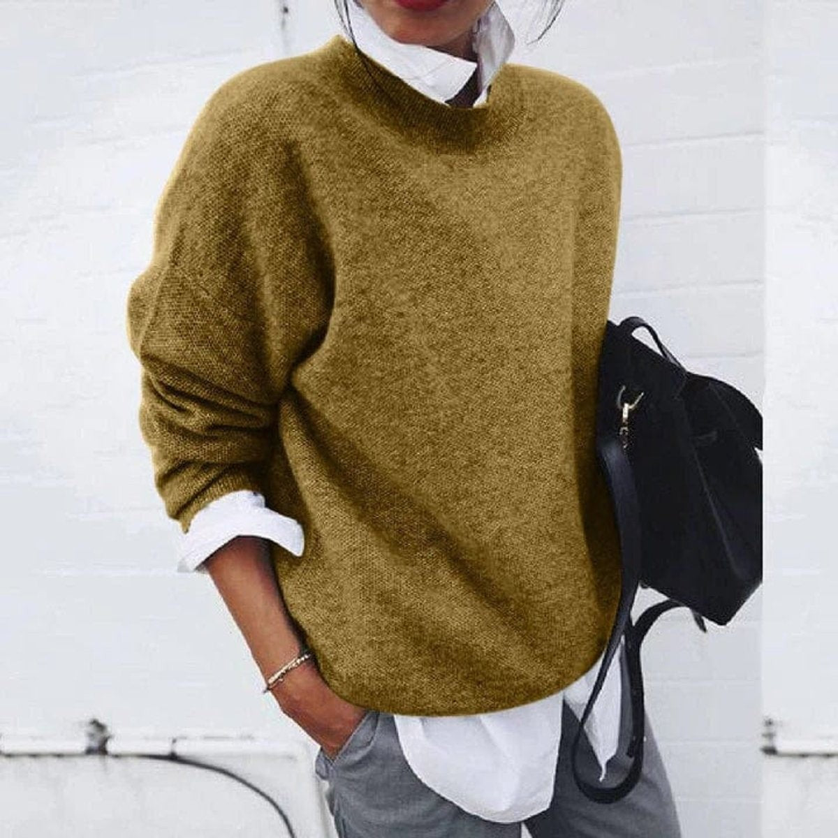 Beatrice | Women's Relaxed Crew Neck Soft Knit Jumper - Khaki