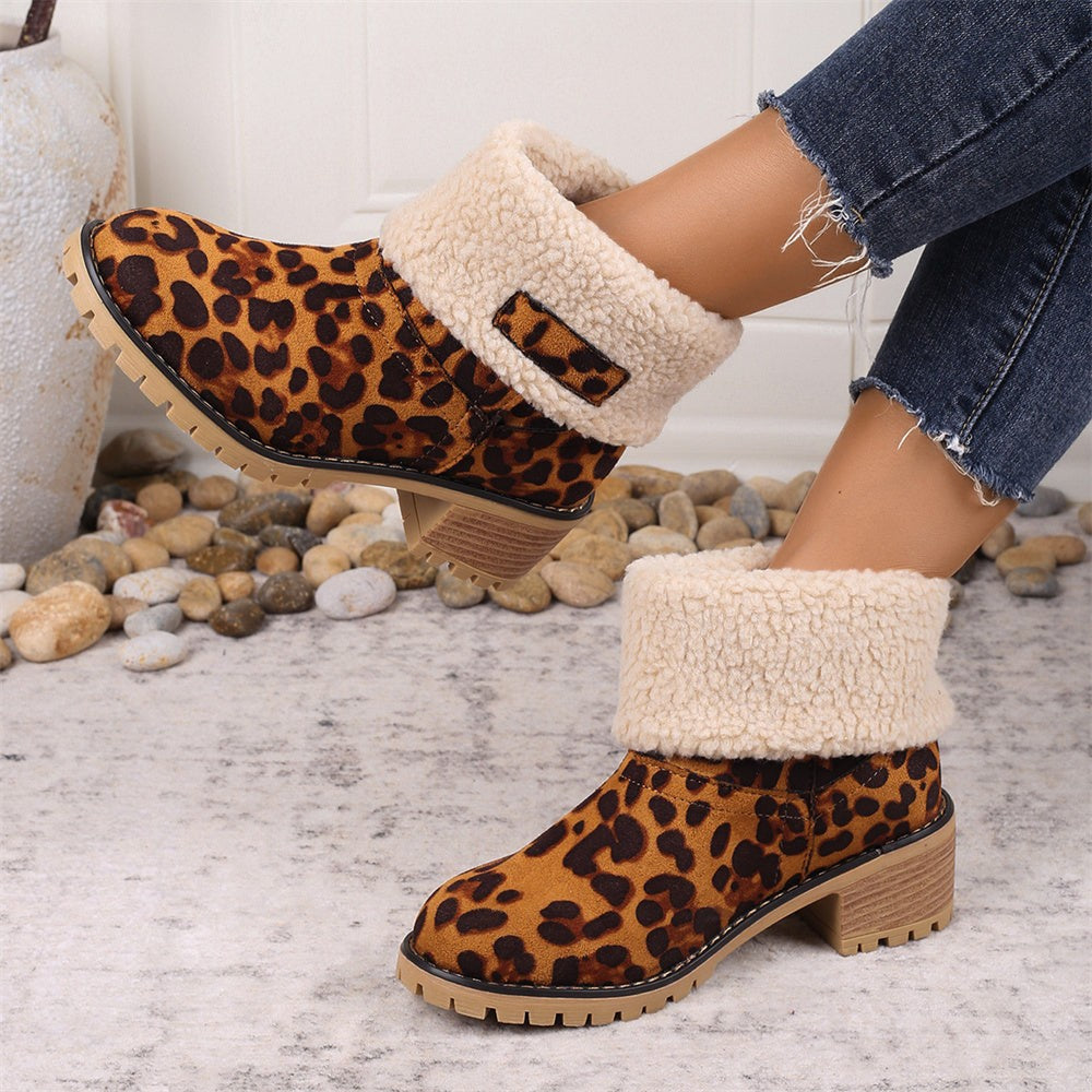 Beatrice | Women's Sherpa Fold-Over Cuff Block Heel Ankle Boot - Brown Leopard Pint