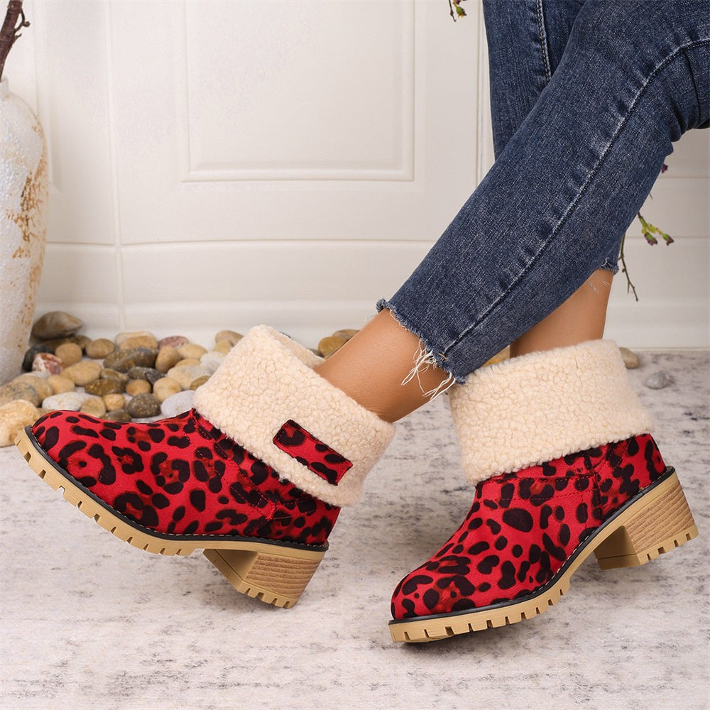 Beatrice | Women's Sherpa Fold-Over Cuff Block Heel Ankle Boot - Red Leopard Pint