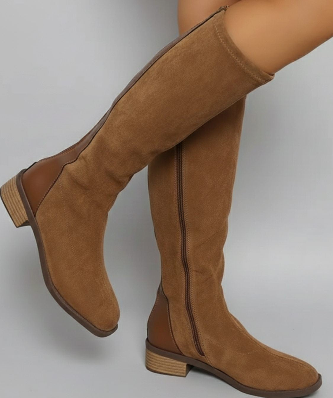 Beatrice | Women's Suede-Look Knee-High Side-Zip Low Block Heel Boots - Light Brown